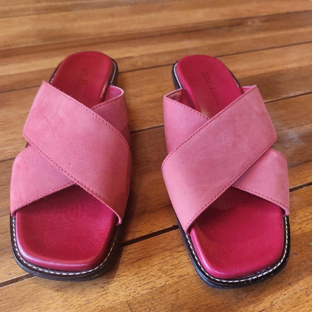 Amalfi Women's Sandals, Red Suede Leather Crisscross Slides Size 7.5, Italy